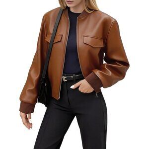 Women's Light Brown Faux Leather Cropped Coat Cute Short Zip Up Casual Jackets